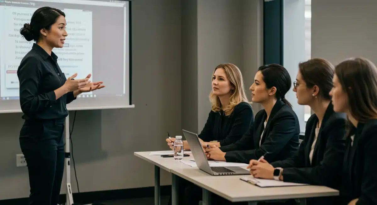 Woman entrepreneur pitching her business idea to investors, showcasing innovation.