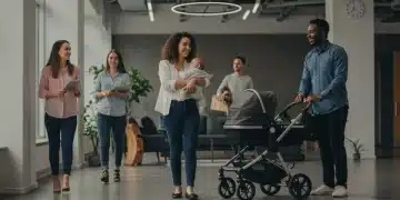 Parents with baby in a supportive work environment, representing new parental leave laws