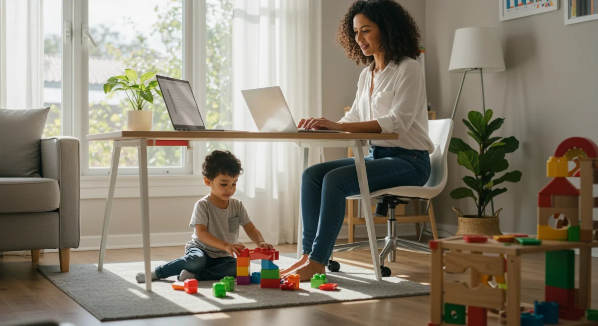 Working mother balancing career and family at home with childcare support.