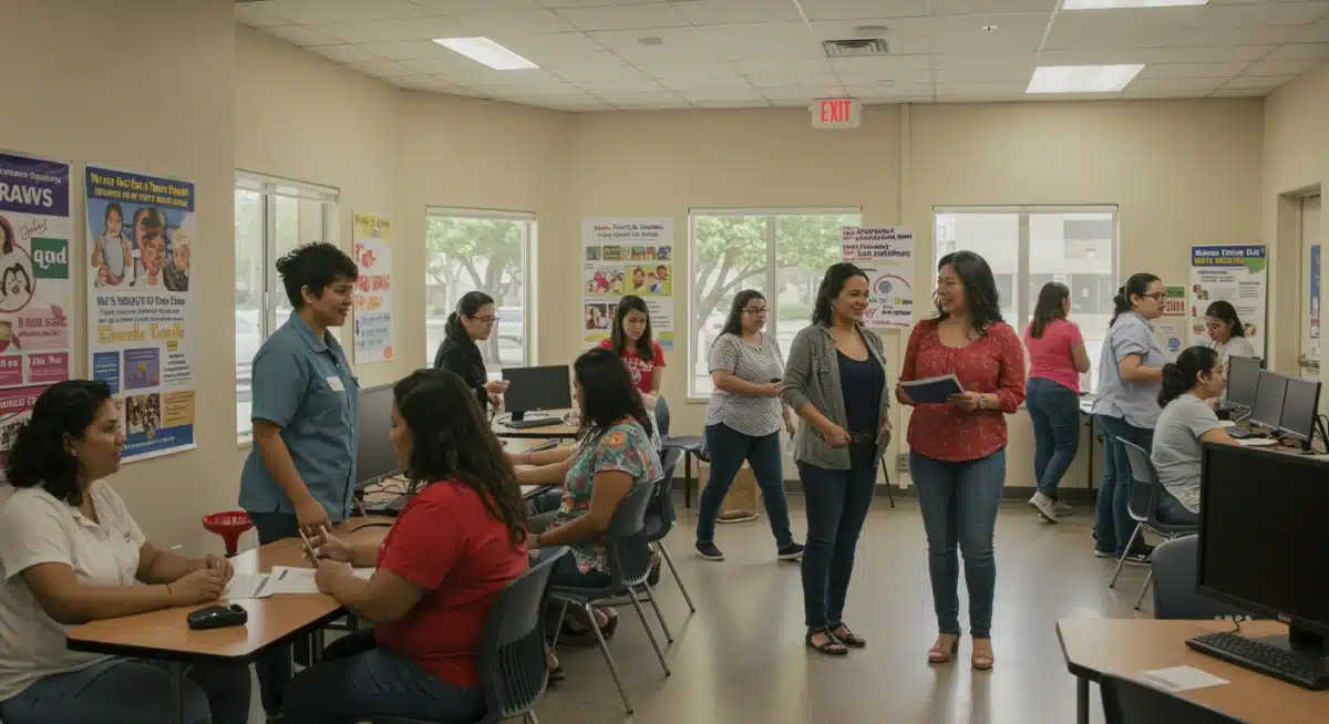 Community center with single mothers accessing resources and support programs.
