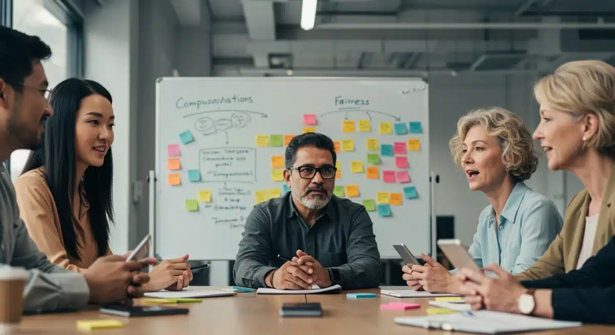 Diverse team collaborating on fair compensation strategies in a meeting.