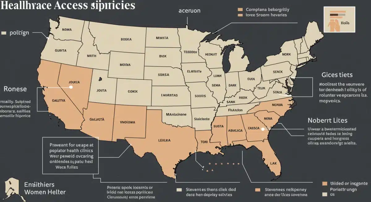 Map illustrating healthcare access disparities for women across different US regions.