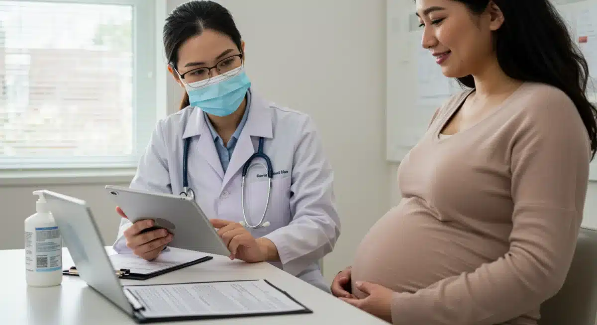 Pregnant woman receiving antenatal care, symbolizing reproductive health services.
