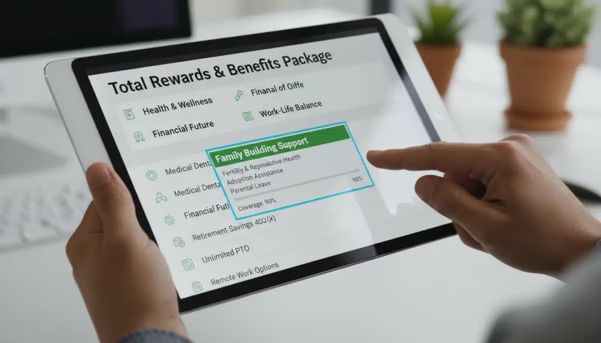 Hands reviewing a digital benefits package on a tablet, focusing on family building and fertility support.