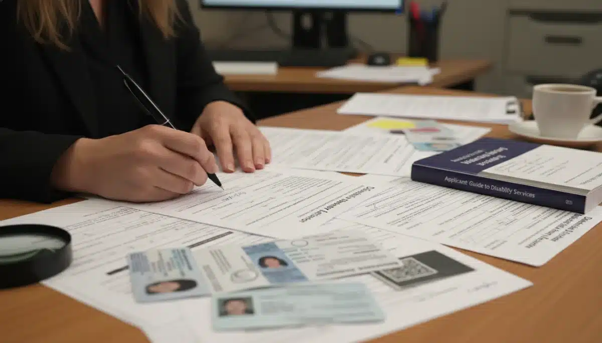 Woman's hands meticulously filling out disability benefits application forms.