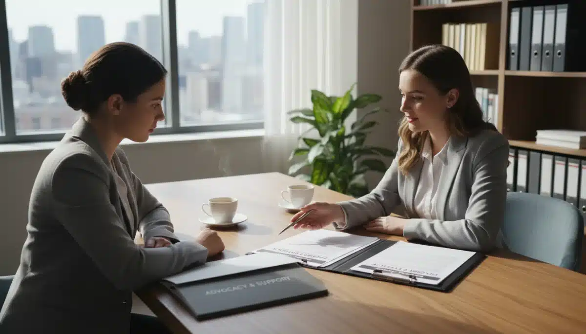 Woman consulting with an advisor about disability benefits, seeking expert guidance.