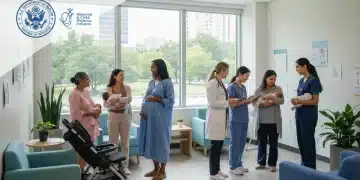Healthcare professionals assisting diverse pregnant women and new mothers in a clinic.
