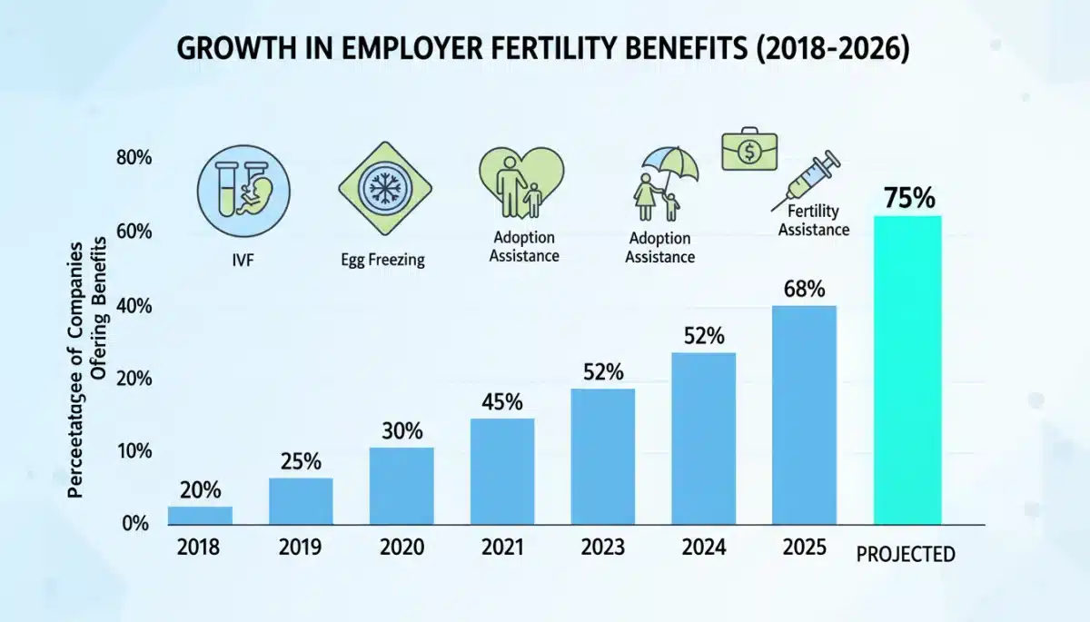 Bar chart illustrating the growth of fertility benefits offered by U.S. employers from previous years to 2026.