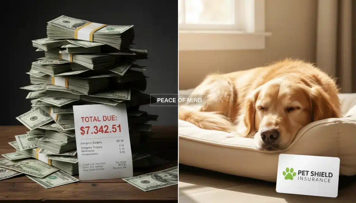 Comparison of veterinary bills and a happy dog, representing the financial considerations and benefits of pet insurance.