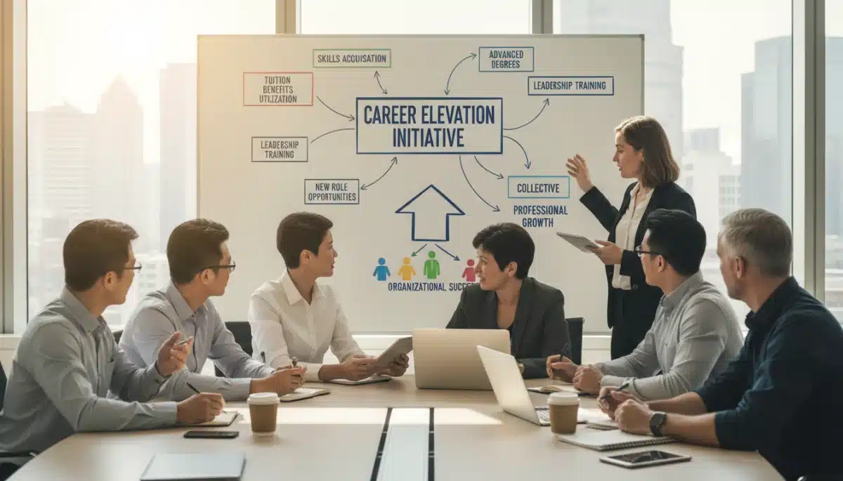 Professionals collaborating and advancing their careers through education funded by tuition reimbursement.