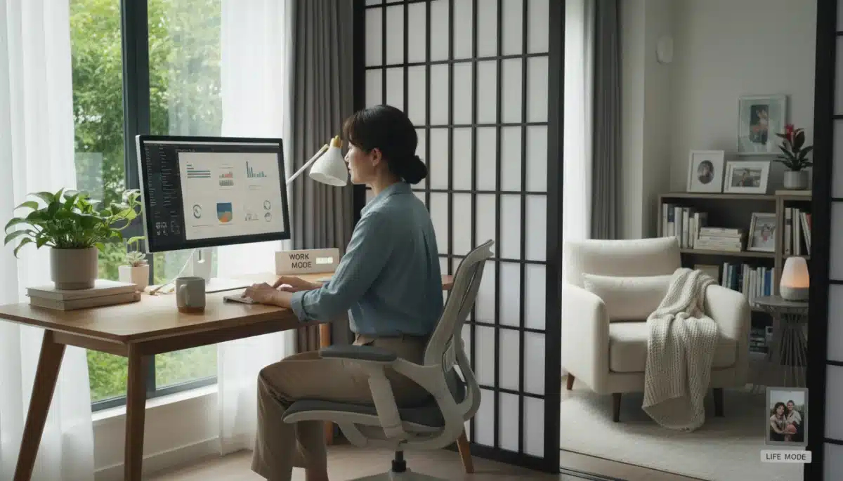 Woman working remotely, embodying work-life balance through flexible perks.