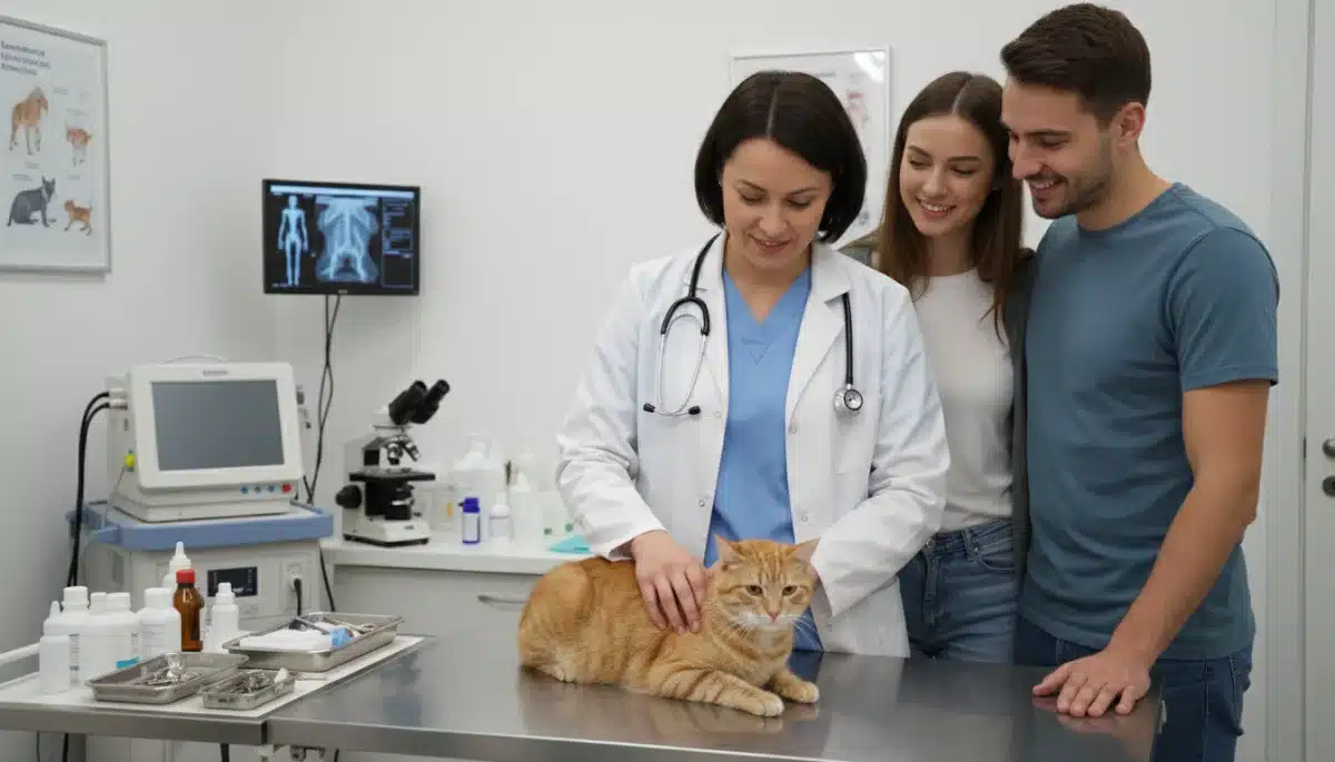 Veterinarian performing a check-up on a cat, illustrating routine pet healthcare and the role of pet insurance.