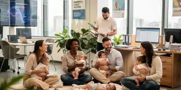 2026 Parental Leave: US Industry Contributions Compared Parents and babies in a modern office, representing diverse parental leave benefits across industries in 2026.