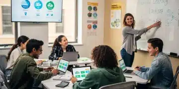 Educação financeira para adolescentes em 2026: 3 programas escolares essenciais Adolescentes engajados em uma aula de educação financeira, interagindo com o professor e materiais didáticos modernos, em um ambiente escolar inovador.
