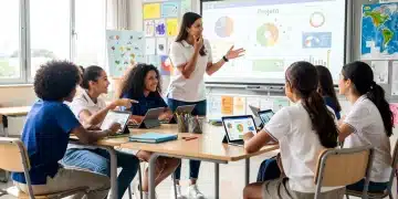 Alunas engajadas em projeto com metodologias ativas em sala de aula inovadora.