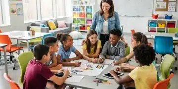 Alunos e professores colaborando em sala de aula, promovendo o desenvolvimento socioemocional.