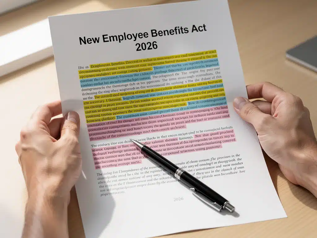 Hands analyzing new employee benefits legislation document