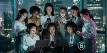 Mulheres diversas utilizando dispositivos digitais com ícones de segurança cibernética, representando proteção online em 2026.