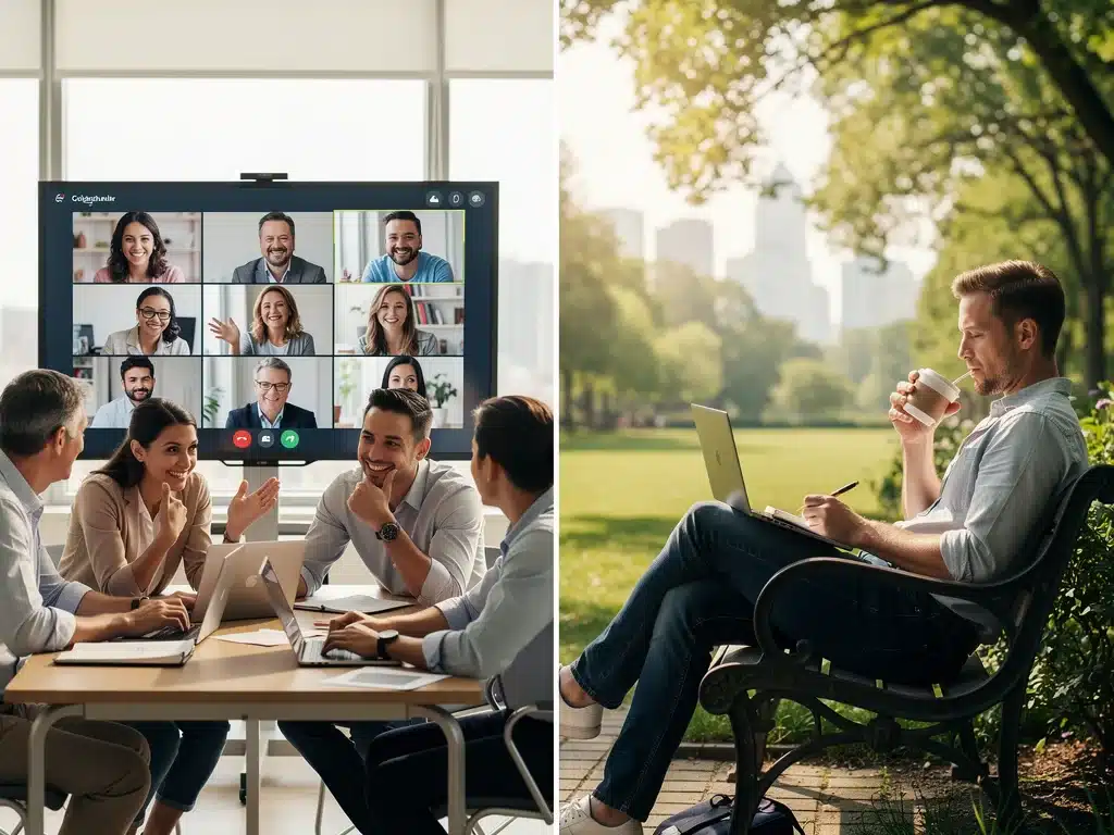 Collaboration à distance et équilibre vie pro-perso, illustrant les bénéfices des avantages télétravail 2026.