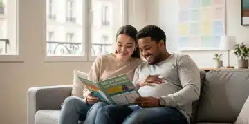 Couple souriant et enceinte consultant des informations sur les aides parentales pour 2026 en France.