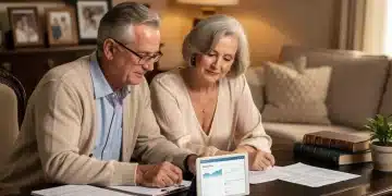 Couple senior planifiant leur héritage en France en 2026, analysant des documents financiers et une tablette.