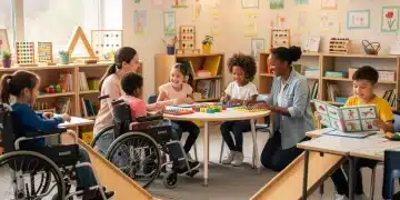 Crianças diversas em uma sala de aula inclusiva, com professores auxiliando no aprendizado e interação.