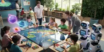 Inovação no Cuidado Infantil em 2026: Abordagens e Desenvolvimento Crianças engajadas em atividades de aprendizado inovadoras em uma sala de aula futurista de 2026 com tecnologia e abordagens pedagógicas avançadas.