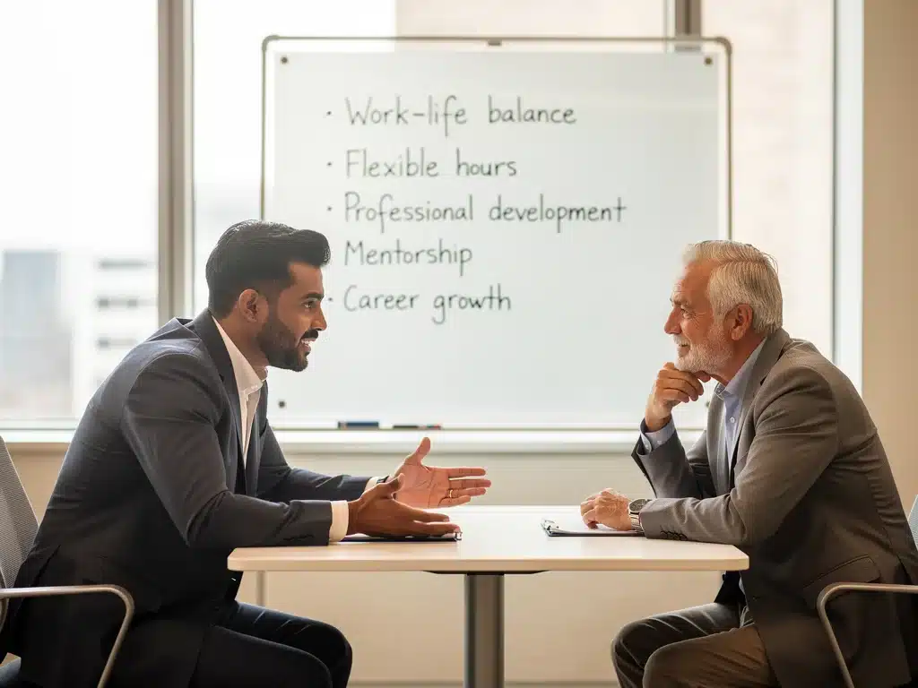 Professionals discussing work-life balance and career development