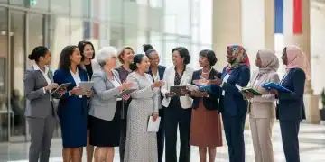 Droits des Femmes en France : Nouvelles Lois 2026 à Suivre Groupe diversifié de femmes dans un bâtiment législatif, symbolisant les droits des femmes en France et les nouvelles propositions de loi de 2026.