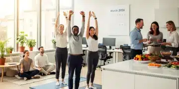 Employees engaging in various wellness activities in a modern office