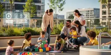 Enfants joyeux de 0 à 6 ans jouant et interagissant dans un environnement extérieur stimulant, sous le regard attentif de leurs parents.