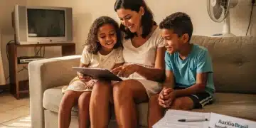 Mãe e filhos em casa analisando as novidades do Auxílio Brasil 2026 em um tablet, planejando o orçamento familiar.