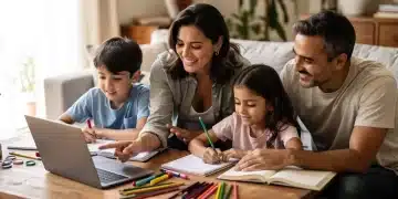 Educação Domiciliar 2026: Desafios e Soluções para Famílias Brasileiras Família brasileira interagindo em um ambiente de educação domiciliar, com livros e materiais de estudo na mesa.