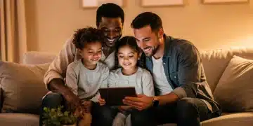 Créditos Fiscais para Pais Trabalhadores: Impacto no Orçamento Familiar 2026 Família feliz examinando o orçamento doméstico em um tablet, simbolizando a gestão financeira e o impacto positivo dos créditos fiscais.