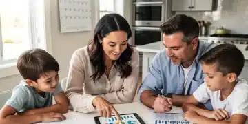 Famille française souriante consultant des documents financiers et un ordinateur portable, symbolisant les aides financières de l'État en 2026.