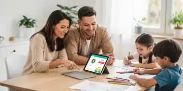 Budget Familial 2026 : Réduire les Dépenses Enfants de 20% Famille organisant son budget familial 2026, réduisant les dépenses pour les enfants avec un sourire et une planification astucieuse.