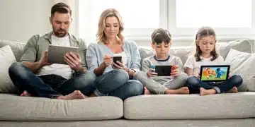 Famille moderne utilisant divers appareils numériques dans un salon lumineux, illustrant la digitalisation de la parentalité.