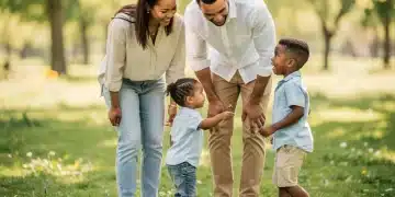 Une famille heureuse pratiquant l'éducation positive en plein air, renforçant les liens et l'autonomie des enfants.