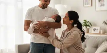 Père tenant un bébé, mère souriante à ses côtés, symbolisant le nouveau congé paternité en France en 2026.