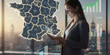 Femme analysant des données d'investissement immobilier en France, avec une carte et des graphiques financiers en arrière-plan.