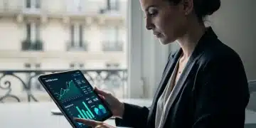 Femme consultant des données financières sur une tablette, avec des bâtiments parisiens en arrière-plan, symbolisant l'investissement immobilier en SCPI.