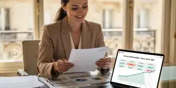 Femme analysant des graphiques de taux de prêts immobiliers français pour janvier 2026, cherchant le meilleur avantage.