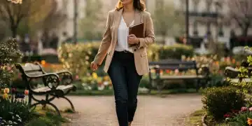 Boostez votre estime de soi en 90 jours : guide complet pour les femmes en France Femme française confiante souriant dans un parc parisien, symbolisant l'estime de soi et l'épanouissement.