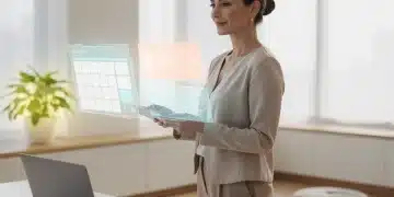 Gestion du temps 2026: Épanouissement pour femmes débordées Femme sereine gérant son temps avec un agenda numérique futuriste, symbolisant l'équilibre et l'épanouissement en 2026.