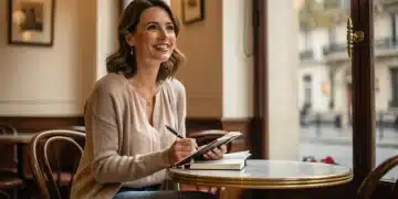 Femme souriante dans un café parisien, écrivant dans un journal, incarnant la gratitude et la réflexion.