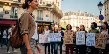Femme marchant avec détermination dans une rue animée, symbole de résilience face au harcèlement de rue en France.