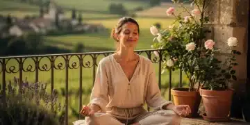 Développer votre intuition en France : 4 exercices clés Femme méditant paisiblement dans un jardin français, symbolisant la connexion à l'intuition et la sagesse intérieure.