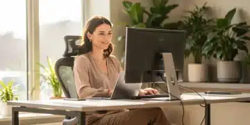 Femme souriante travaillant depuis un bureau à domicile moderne et ergonomique, symbole des avantages du télétravail 100%.
