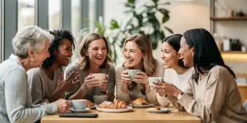 Groupe de femmes souriantes et riantes partageant un moment de connexion sociale dans un café animé, symbolisant l'épanouissement.