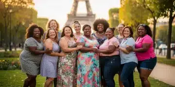 Groupe de femmes diverses souriantes et s'embrassant, symbolisant l'acceptation de soi et l'image corporelle positive en France.